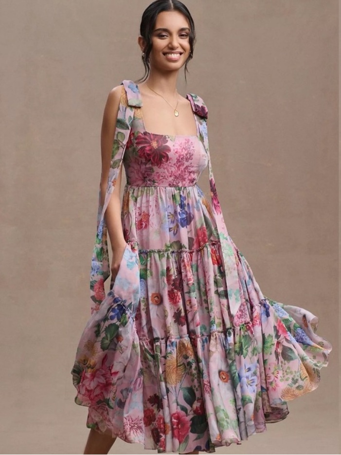 Anthropologie Pink Floral Tiered Midi Dress